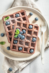 Homemade waffles with dark chocolate and berry fruits