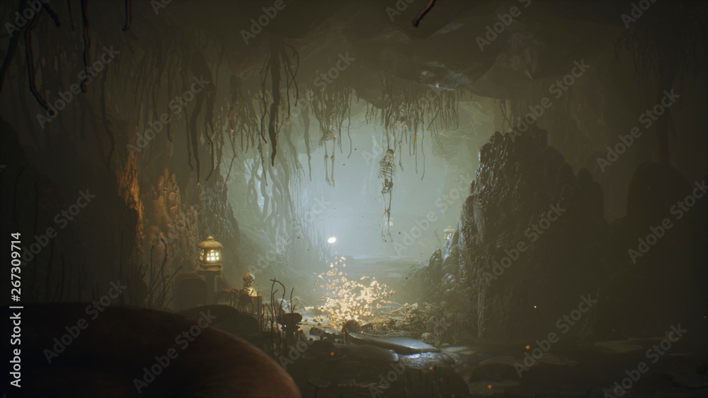 Wall mural ancient huge fantasy cave filled with ancient mushrooms and magical fog with dust. 3d rendering