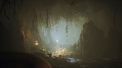 Ancient huge fantasy cave filled with ancient mushrooms and magical fog with dust. 3D Rendering - obrazy, fototapety, plakaty