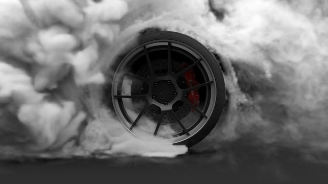 Tire Burnout. Burning rubber and Smoking tire with a rotating wheel with thick Smoke on dark background. 3D Rendering