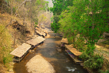 Bamboo rafting in green tropical scenery as a tour for tourist in Mae Wang District Chiang Mai Thailand.