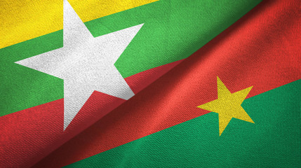 Myanmar and Burkina Faso two flags textile cloth, fabric texture 