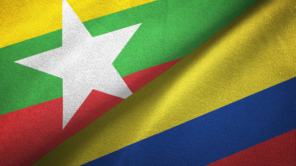 Myanmar and Colombia two flags textile cloth, fabric texture