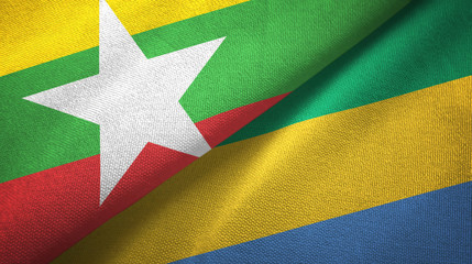 Myanmar and Gabon two flags textile cloth, fabric texture