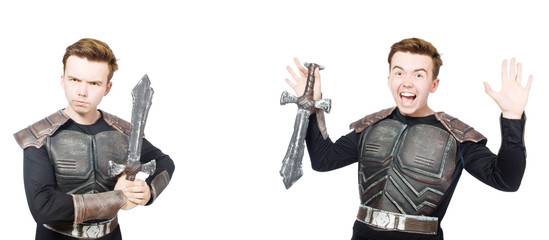 Young funny man in armour suit 