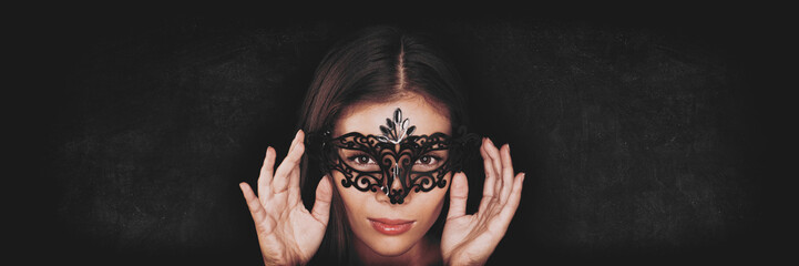 Seductive Eyes Hiding Behind Venitian Mask Asian Beauty Woman Wearing Face Masquerade Ball Costume Banner Panorama Wall Mural Maridav Seductive Eyes Hiding Behind Venitian Mask Asian Beauty Woman Wearing Face Masquerade Ball Costume Banner Panorama Wall Mural Maridav