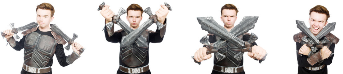 Young funny man in armour suit 
