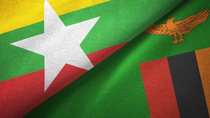 Myanmar and Zambia two flags textile cloth, fabric texture