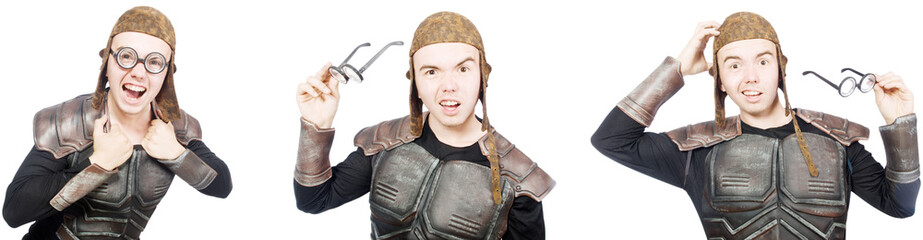 Young funny man in armour suit 