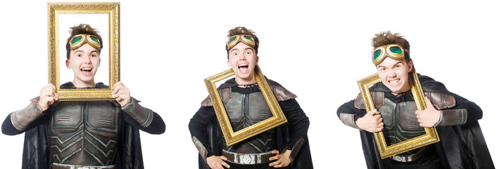 Young funny man in armour suit 