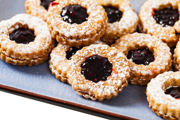 Shortbread Cookies With Jam Or Jelly Centers Isolated on White Background. Selective focus.