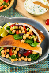 Veggie Pitas with Garbanzo Bean or Chickpea Salad. Selective focus.