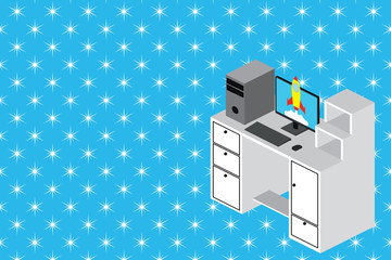 Working desktop station drawers personal computer launching rocket clouds. Design business concept Empty copy text for Web banners promotional material mock up template