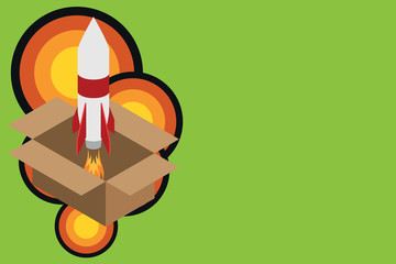 Fire launching rocket carton box. Starting up project. Fuel inspiration Design business concept Empty copy text for Web banners promotional material mock up template