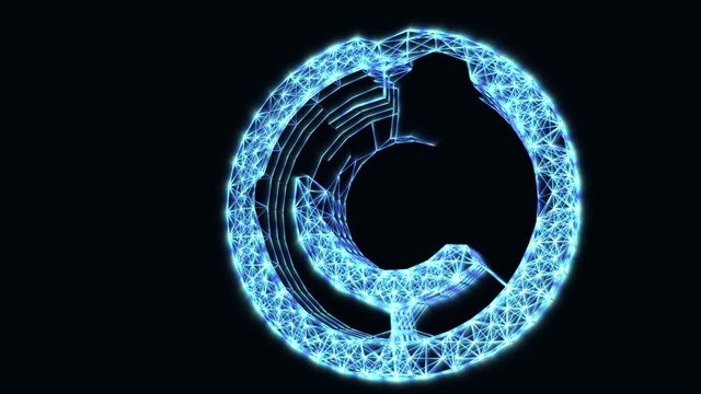 The appearance of the copyright sign. Icon digital internet intellectual property. Animation of abstract idea. Glowing symbol on a dark background.