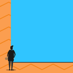 Man stands in back view in front of huge empty blank big rectangle board Design business concept Empty copy space modern abstract background