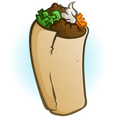 A simple isolated burrito cartoon vector on a faded blue background with loads of delicious fillings