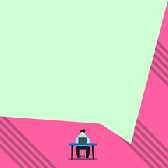 Young man sitting on chair while typing use his laptop above the table. Business concept Empty template copy space isolated Posters coupons promotional material