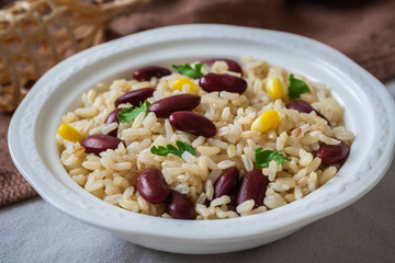 Rice with red beans in bowl .