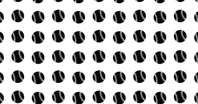 Black baseball icons background clip motion backdrop video in a seamless repeating loop.  Black and white sports team themed baseballs icon pattern background high definition motion video clip