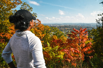 Girl at Overlook at a Park in Autumn  - obrazy, fototapety, plakaty