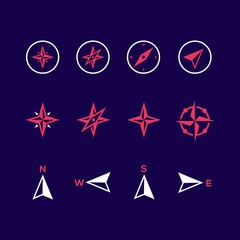 Compass icons on purple background. Vector Illustration