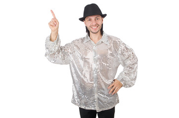 Performer in shiny costume isolated on white