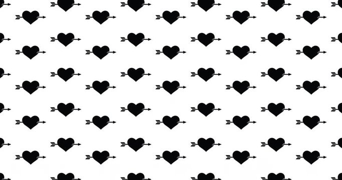 Hearts with arrows background video clip motion backdrop video in a seamless repeating loop.  Black & white love romance themed cupid's arrow heart icon pattern white background high definition clip