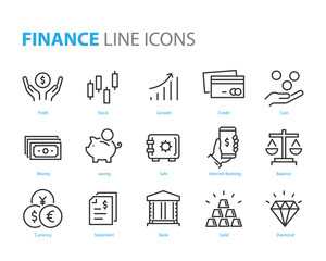 set of finance icons, such as currency, money, coin, statement, balance, safe, bank