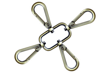 four brass carabiner for key chain isolated on white