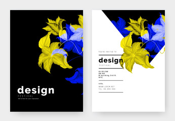 Minimalist botanical invitation card template design, clematis flowers in vibrant yellow and blue on black