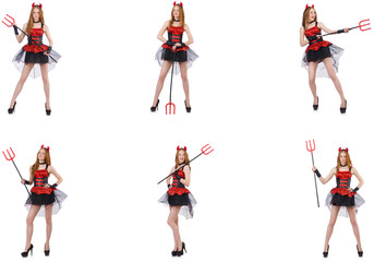 Woman devil with trident on white
