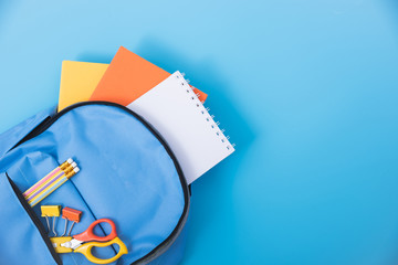 Top view Blue bag backpack for education children