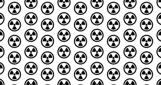 Nuclear symbols background clip motion backdrop video in a seamless repeating loop.  Black and white energy & industry themed nuclear sign icon pattern background high definition motion video clip