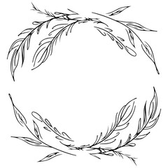 Wreath of wildflowers branches isolated on white background. Foral frame design elements for invitations, greeting cards, posters. Hand drawn illustration. Line art. Sketch