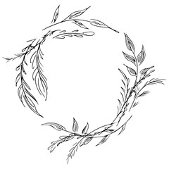 Wreath of wildflowers branches isolated on white background. Foral frame design elements for invitations, greeting cards, posters. Hand drawn illustration. Line art. Sketch