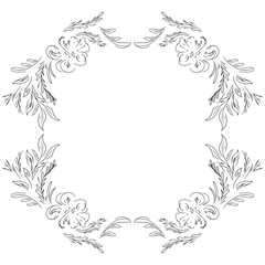 Wreath of wildflowers branches isolated on white background. Foral frame design elements for invitations, greeting cards, posters. Hand drawn illustration. Line art. Sketch
