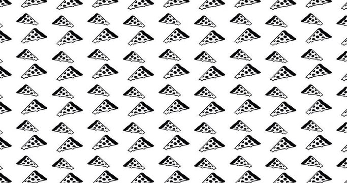 Pizza slices background video clip motion backdrop video in a seamless repeating loop. Black & white pizza icon pattern pizzeria restaurant & party themed white background high definition clip