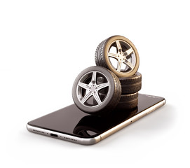 Unusual 3d illustration of car tires on a smartphone screen. Tire Size Calculator. Choosing and buying tires online concept. © Vadim Georgiev
