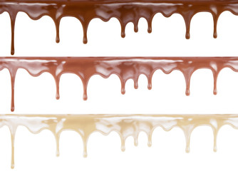 Various melt chocolate on cake top isolated on background. Dark, milk and white one are included.