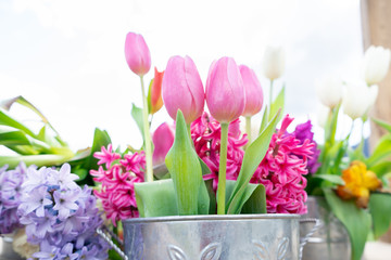 Close up view of a flower arrangement of tulips and other flowers in a vintage tin can, with very bright daylight and a white background.
