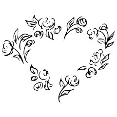 Wreath of black roses in form of heart isolated of white. Foral frame design elements for invitations, greeting cards, posters, blogs. Hand drawn illustration. Line art. Sketch