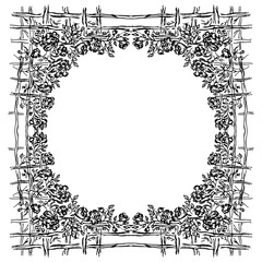 Floral frame with roses or peonies flowers isolated of white background. Foral frame design elements for invitations, greeting cards, posters, blogs. Hand drawn illustration. Line art. Sketch