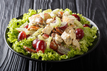 Freshly made Sonoma salad with chicken breast, celery, pecans and grapes close-up on a plate. horizontal