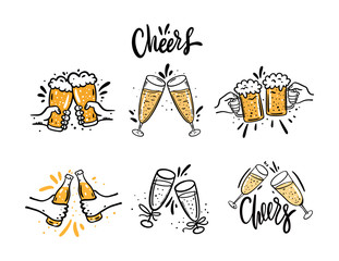 Cheers with beer glasses. Hand drawn vector illustration set. Cartoon style. Isolated on white background.