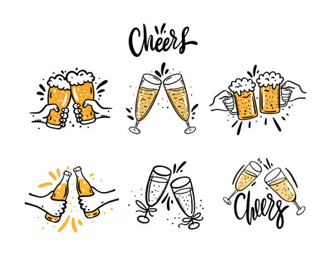 Cheers with beer glasses. Hand drawn vector illustration set. Cartoon style. Isolated on white background.