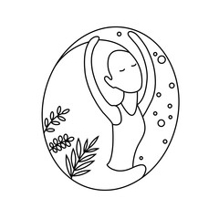 Woman flying. Nature scenery and activity. flat icon design. black and white vector illustration on white background.