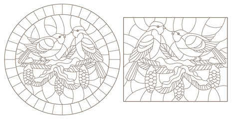 A set of contour illustrations of stained glass Windows with birds on pine branches, dark contours on a white background