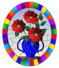 Illustration in stained glass style with still life, bouquet of red  flowers in a blue vase, oval image in bright frame
