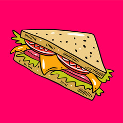 Sandwich hand drawn vector illustrtion. Cartoon style. Isolated on pink background.